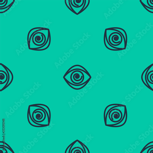 Blue line Hypnosis icon isolated seamless pattern on green background. Human eye with spiral hypnotic iris. Vector Illustration