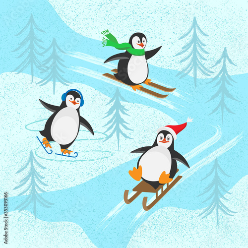 Three funny Christmas penguins slide down winter hills: on skates, on a sled, on skis. Flat Vector  cartoon illustration with texture. Can be used as postcards, posters, greeting cards. 