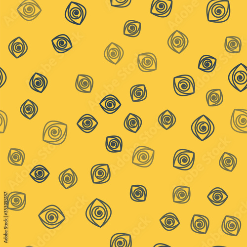 Blue line Hypnosis icon isolated seamless pattern on yellow background. Human eye with spiral hypnotic iris. Vector Illustration
