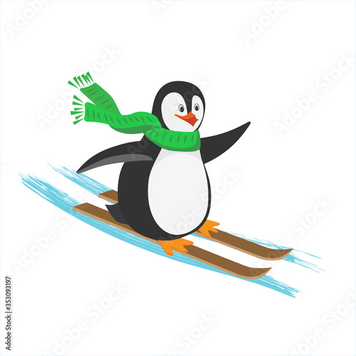 Funny Christmas penguin slide on skis  down winter hills. Flat Vector  isolated cartoon illustration with texture. Can be used for postcards, posters, greeting cards.
