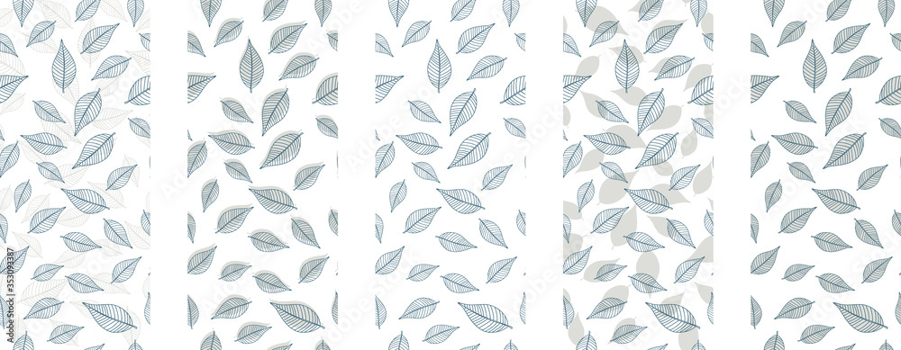 Set of five blue leaves seamless background on white background. Vector illustration. Set of five blue leaves seamless background on white background. Vector illustration.