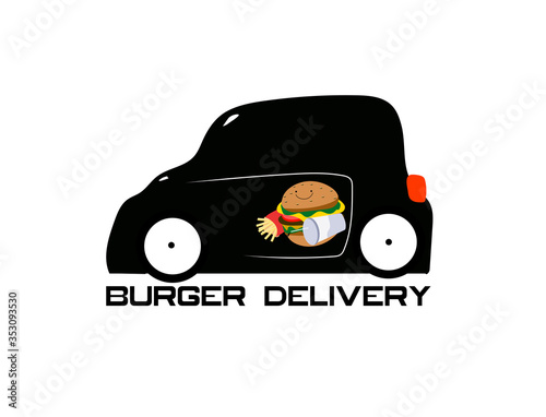 Burger delivery by car. Vector illustration for business, business card, poster, banner, application, print.
