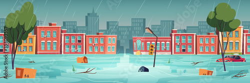 Flood in town, river, water stream on city street. Natural disaster with rainstorm. Vector cartoon illustration of urban landscape with flooded houses, floating car and garbage on road
