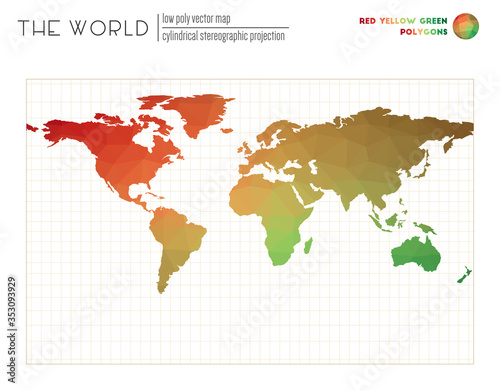 Polygonal map of the world. Cylindrical stereographic projection of the world. Red Yellow Green colored polygons. Energetic vector illustration.