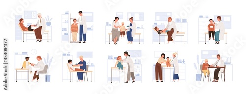 Set of cute child visit doctor vector flat illustration. Collection of various kids and parents at physician consultation isolated on white. Friendly medical staff work with diverse boy and girl