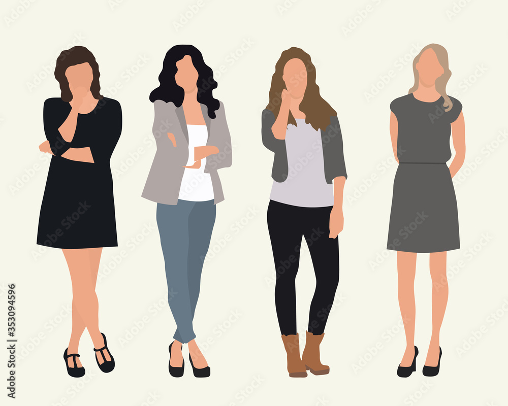 Obraz premium Four women. Business womens. Vector characters, flat icon, isolated on white background.
