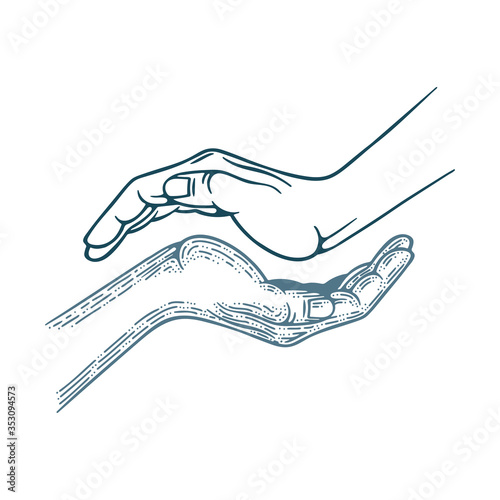 Hand palms engraving style vector illustration. Protect and care concept metaphor graphic. Part of set. 