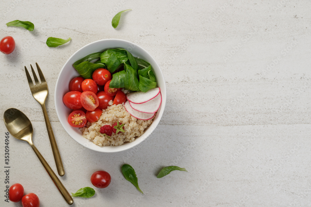 Superfood quinoa salad with tomato,radish and corn salad. Free space for your text. Superfood quinoa salad with tomato,radish and corn salad. Free space for your text.