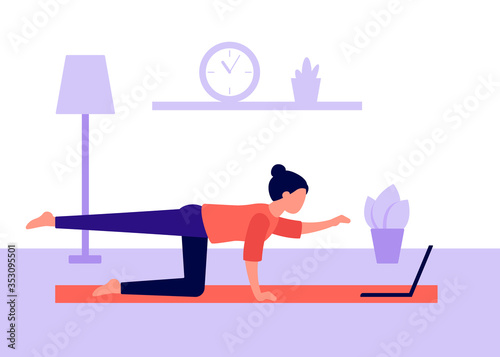 Woman practices yoga at home and watches video on laptop. Videoconference in sports, communication. Active leisure at home, doing exercises, health care. Vector illustration