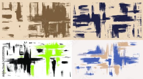 Cross hatching rough oil paint strokes on canvas. Set of four abstract paintings, cross hatching monochrome grungy background