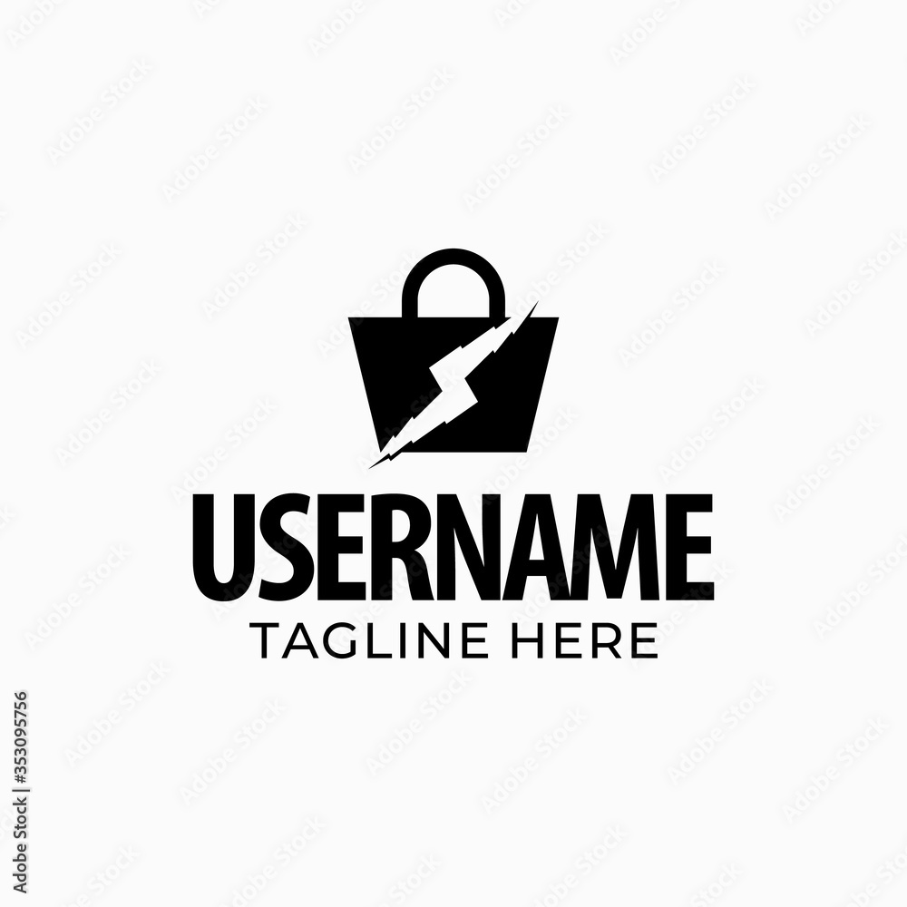 Design a shopping bag logo with lightning flashes in the middle with negative space mode. Design a shopping bag logo with lightning flashes in the middle with negative space mode.