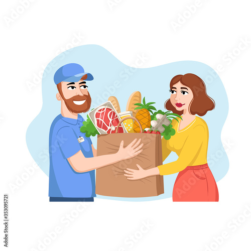 Vector cartoon illustration on the theme of food delivery. The сourier delivers food home. Flat design