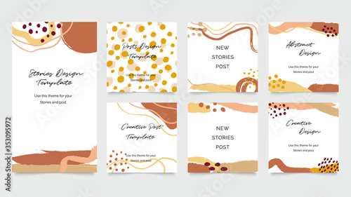 Social media stories and post creative Vector set. Background template with copy space for text and images design by abstract colored shapes,  line arts , Tropical leaves  warm color of the earth tone