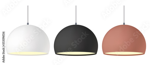 Ceiling hang lamp light. Showroom interior spotlight bulb. Stylish white chandelier decor. Modern luminaire pendant. Brass lampshade hanging. Room or studio original designer spot