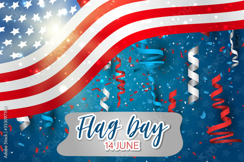 Flag Day USA. United States of America national Old Glory, The Stars and Stripes. 14 June American holiday. Blue, red, and white falling ringlets and confetti. Vector illustration.