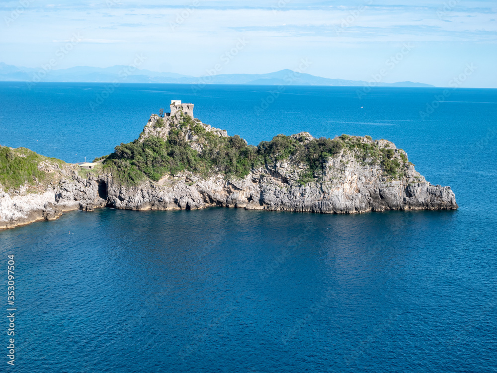 Promontory and tower of Capo di Conca in the municipality of Conca dei Marini. Coastal tower on the mediterranean sea. Amalfi Coast, Salerno, Campania, Italy Promontory and tower of Capo di Conca in the municipality of Conca dei Marini. Coastal tower on the mediterranean sea. Amalfi Coast, Salerno, Campania, Italy