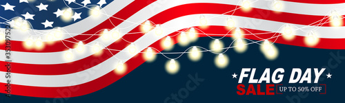 Flag Day USA sale banner or header. United States of America national Old Glory, The Stars and Stripes. 14 June American holiday. Vector illustration.