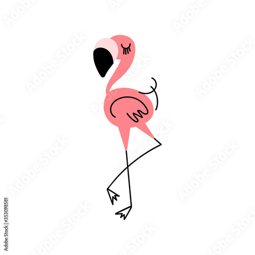 Cute cartoon flamingo with line details isolated on white background. Flat vector illustration.