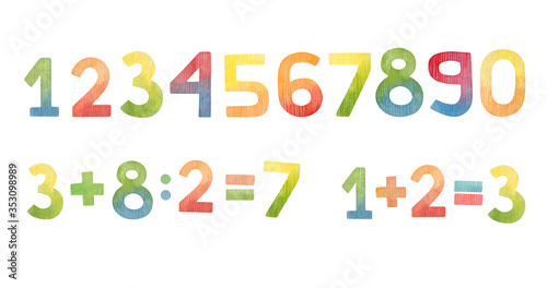 Watercolor colorful numbers and equations. Education for preschoolers and young children. Rainbow numbers from zero to nine, plus, equal, multiply.