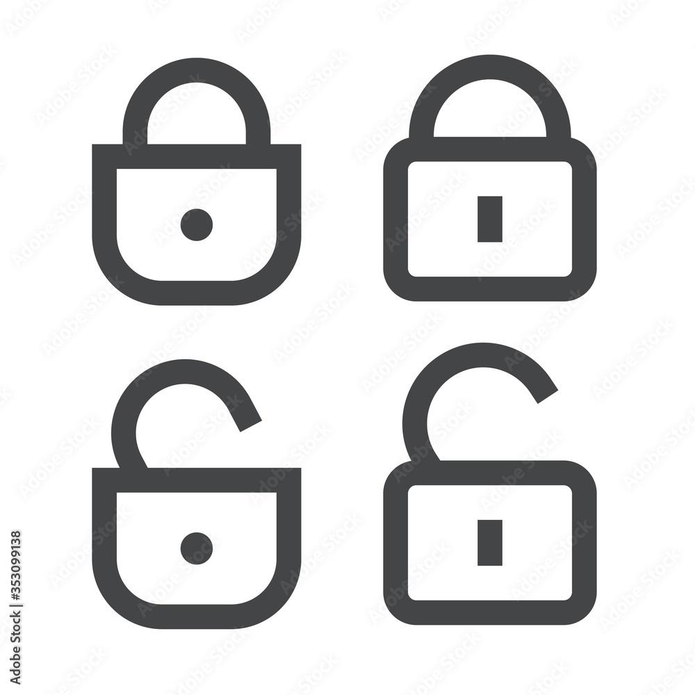 Padlock or lock icon vector open and closed line outline art isolated symbol, unlocked and locked padlocks secured or protected sign clipart Padlock or lock icon vector open and closed line outline art isolated symbol, unlocked and locked padlocks secured or protected sign clipart