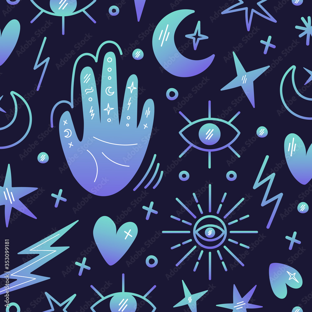 Fototapeta premium Illustration on the theme of magic, voodoo, palmistry. A set of magic symbols. The hand with the signs, the moon, the stars, the eyes. Vector illustration, background, template.