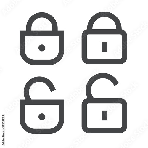 Padlock or lock icon vector open and closed line outline art isolated symbol, unlocked and locked padlocks secured or protected sign clipart
