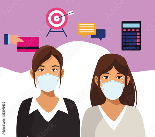 businesswomen working and wearing medical masks