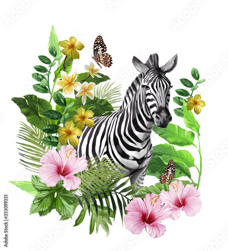 Isolated print with zebra and tropical flowers on a white background. 