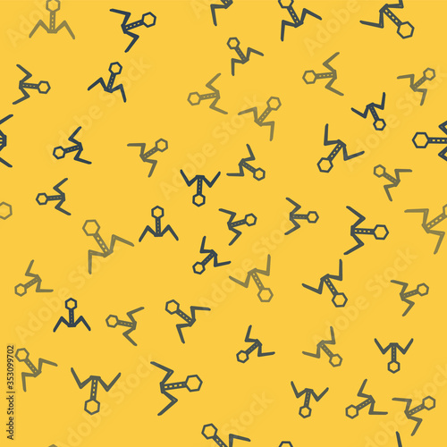 Blue line Bacteria bacteriophage icon isolated seamless pattern on yellow background. Bacterial infection sign. Microscopic germ cause diseases concept. Vector Illustration