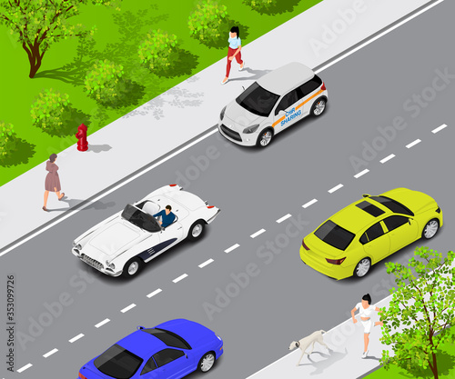 Car share concept vector. Automobile awaits it been ordered. Isometric city life illustration with walking and running people and riding cars.