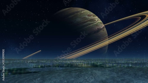 Flickering Lights on an Alien Planet. Flickering blue rays burst from the surface. In the dark starry sky, a huge planet similar to Saturn. A bright setting sun appears.