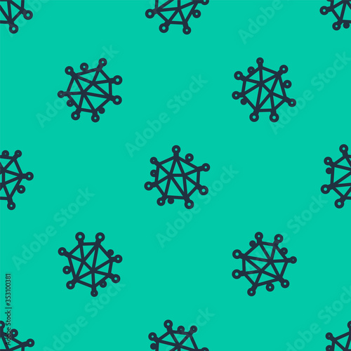 Blue line Virus icon isolated seamless pattern on green background. Corona virus 2019-nCoV. Bacteria and germs, cell cancer, microbe, fungi. Vector Illustration