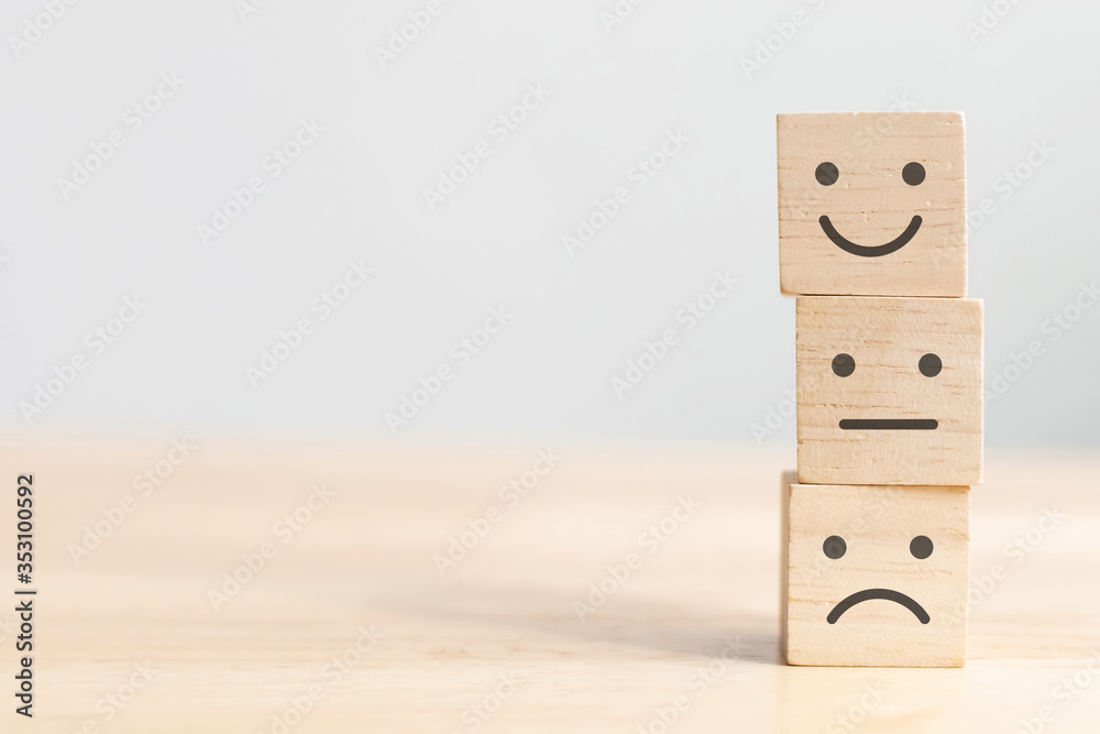 Wooden cube block stacking with icon face, The best excellent business  services rating customer experience, Satisfaction survey concept foto de  Stock | Adobe Stock