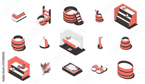 Sauna Spa Isometric Icons Set