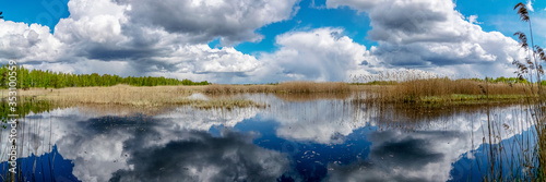 Panoramic view of a calm lake with white cumulus clouds