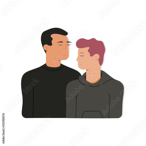 A gay couple. The concept of LGBTQ. Illustration of a couple of men in love. Men of different races, of the same sex. Vector illustration on a white background.