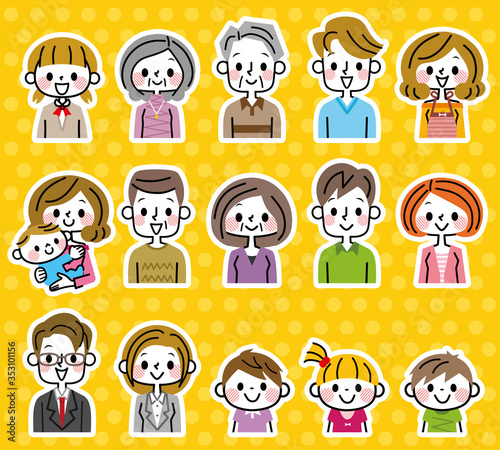 色んな世代の人物　笑顔　白フチ