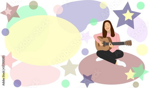 Illustration. Girl playing the guitar. Colorful shapes, stars and circles are around © Viktoriia