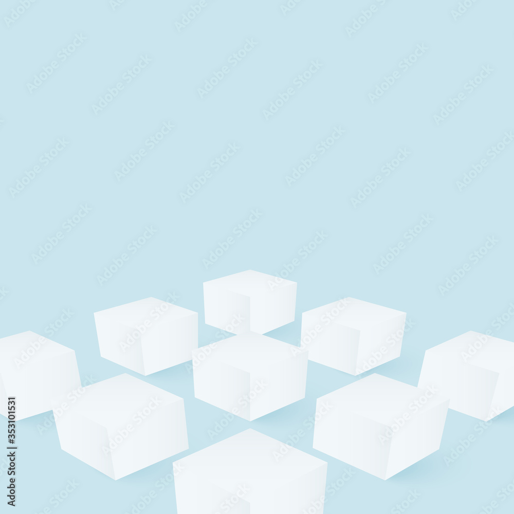 Cubes on flat surface. Abstract 3d geometric shapes on blue background. White objects for high tech design or futuristic illustration. Cubes on flat surface. Abstract 3d geometric shapes on blue background. White objects for high tech design or futuristic illustration.