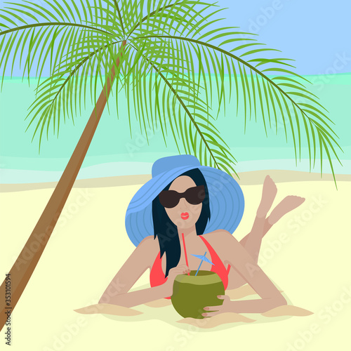 Relaxing young woman drinking fresh coconut coctail by laying down on the sand beach. Vector illustration of happy woman on the beach with palm and cleared blue sky on background