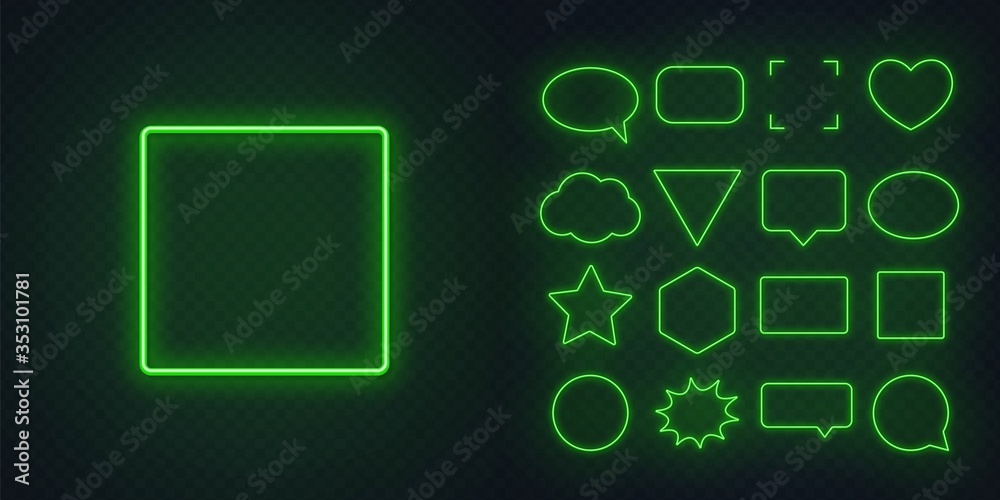 Set of green neon frames with soft glow on a transparent background. Speech bubble, square, circle, star, triangle, heart, hexagon and other glowing neon shapes on a dark background. Set of green neon frames with soft glow on a transparent background. Speech bubble, square, circle, star, triangle, heart, hexagon and other glowing neon shapes on a dark background.