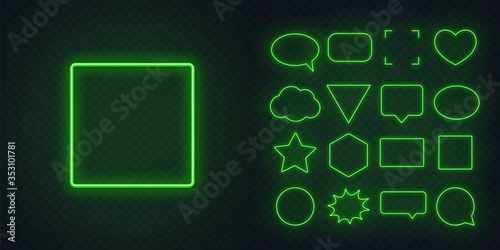Set of green neon frames with soft glow on a transparent background. Speech bubble, square, circle, star, triangle, heart, hexagon and other glowing neon shapes on a dark background.