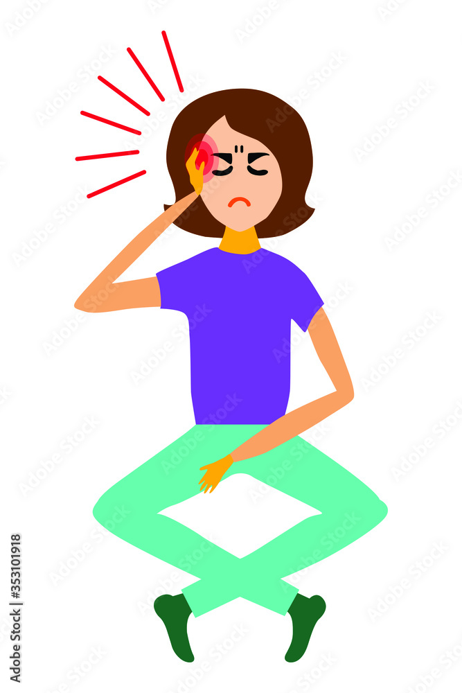 Woman suffers cartoon style illustration. Young woman with a headache, migraine or fever. The girl holds her hand on her forehead, her eyes are closed, she is ill. Flat style woman is dizzy. Woman suffers cartoon style illustration. Young woman with a headache, migraine or fever. The girl holds her hand on her forehead, her eyes are closed, she is ill. Flat style woman is dizzy.