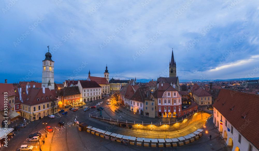 Night panorama of Sibiu city,  Sibiu twilight time, Romania