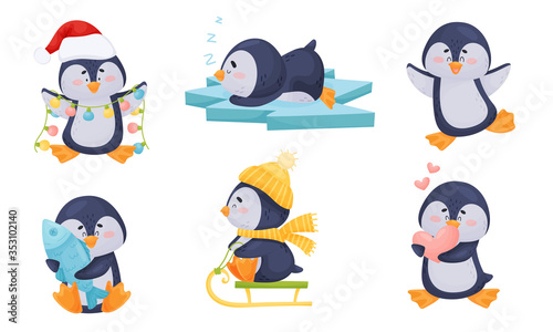 Cute Penguin Sleeping on Ice Plate and Holding Fish Vector Set