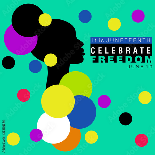 Abstract vector illustration of a black woman with traditional up-do buns hairstyle on a modern turquoise background