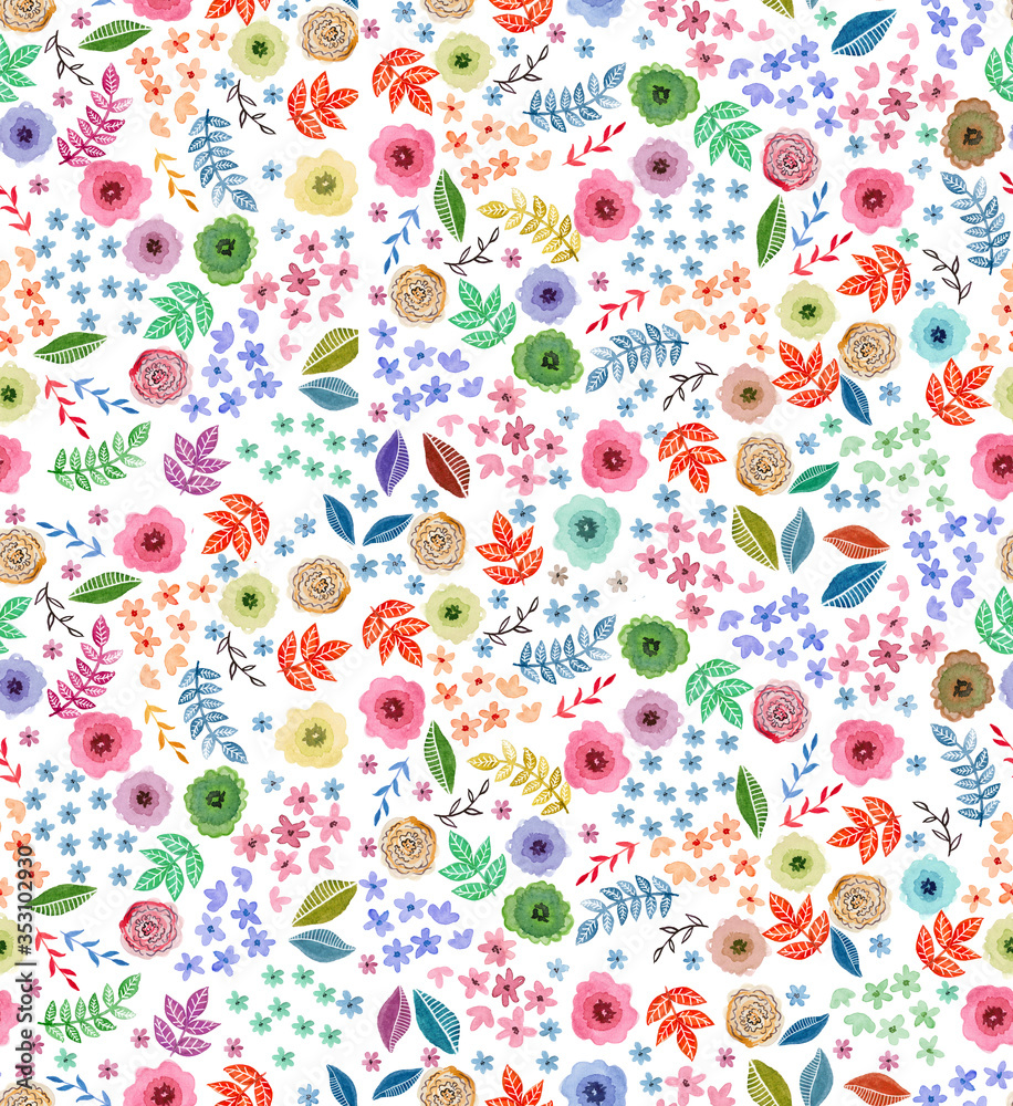all over pattern Ditsy Prints, print Watercolor painting of leafs and flowers, seamless pattern on white background.