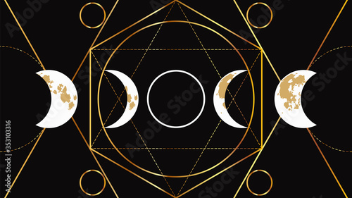 Eclipse of the moon flat image on a black background with a geometric golden pattern. Astrological signs of the moon phase.