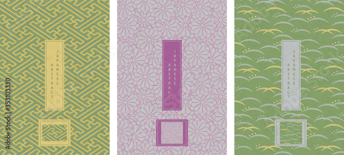 Oriental Japanese style abstract seamless pattern background design geometry curve wave polygon sprial cross and flower