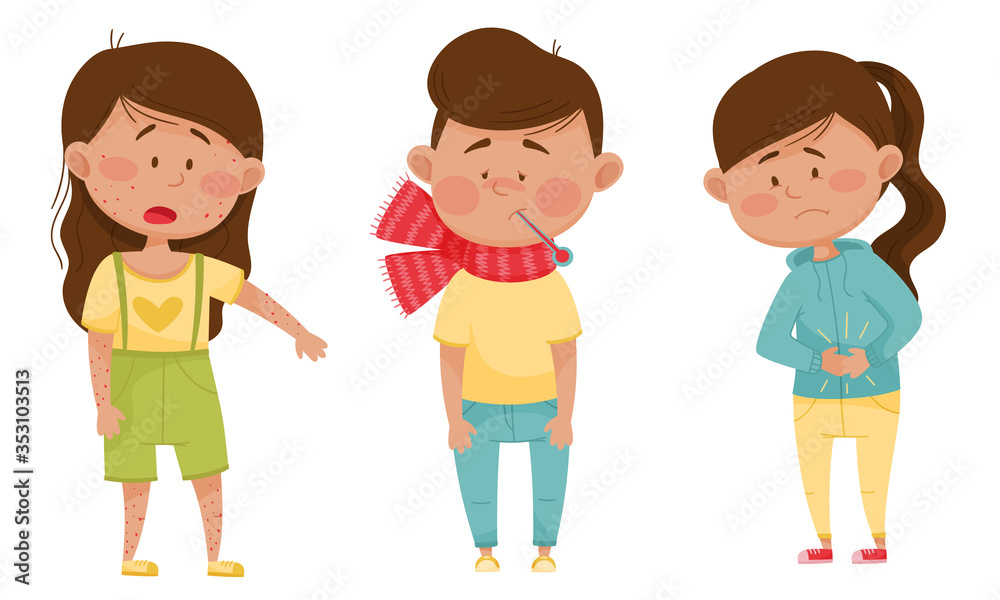 Sick Children Standing and Feeling Unwell Vector Illustrations Set Sick Children Standing and Feeling Unwell Vector Illustrations Set